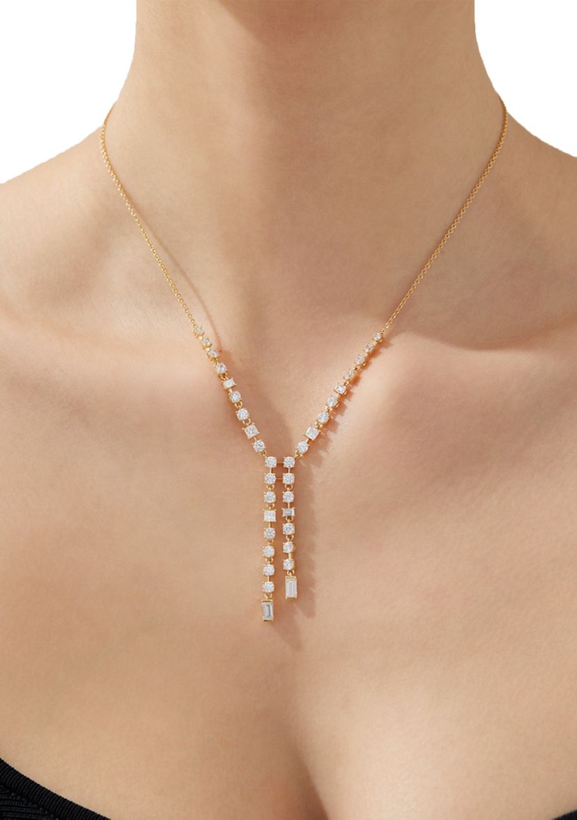 Lab Grown Gold Tone Double Linear Y Necklace