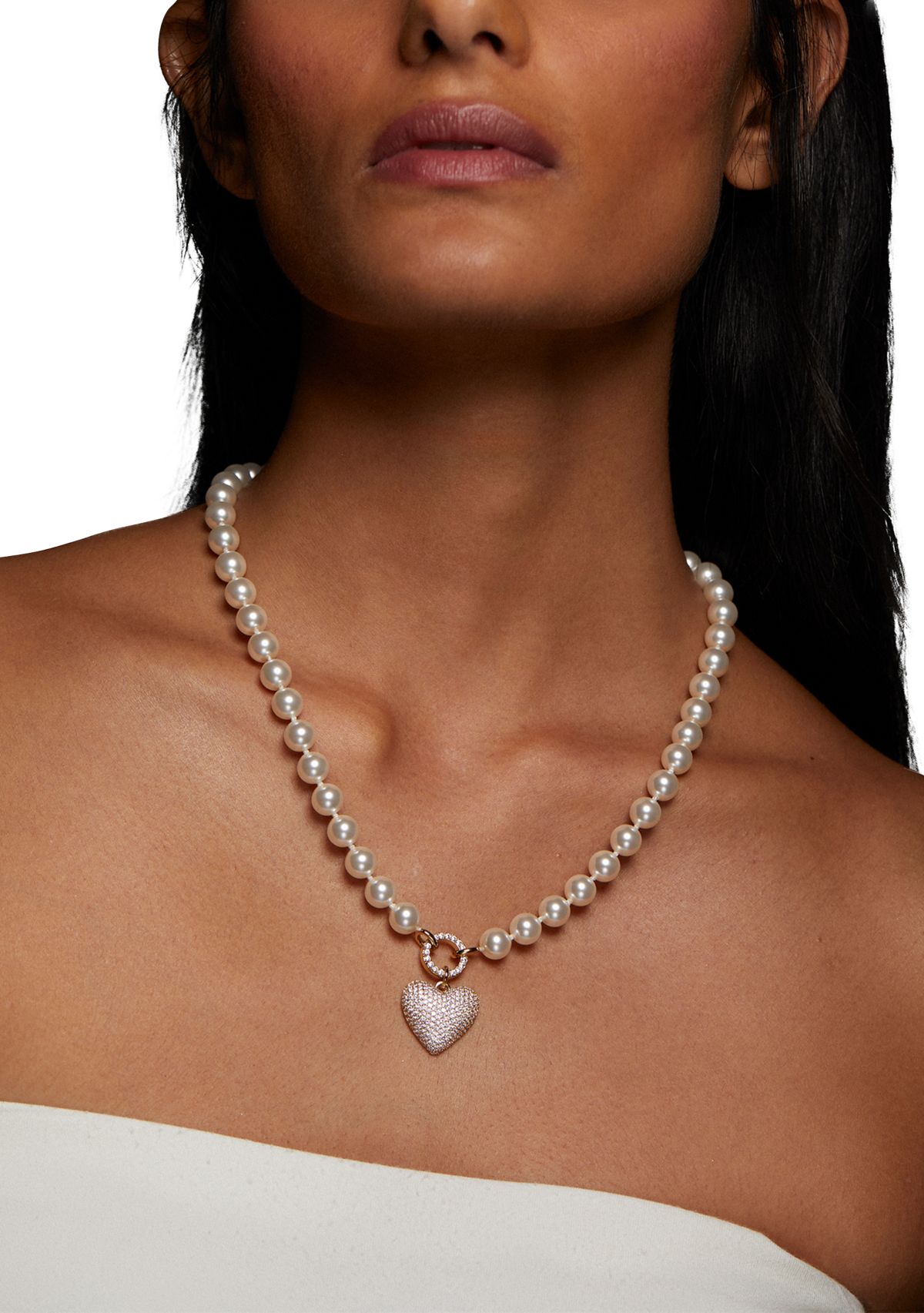 Lab-Grown White Beaded Heart Pendant Necklace