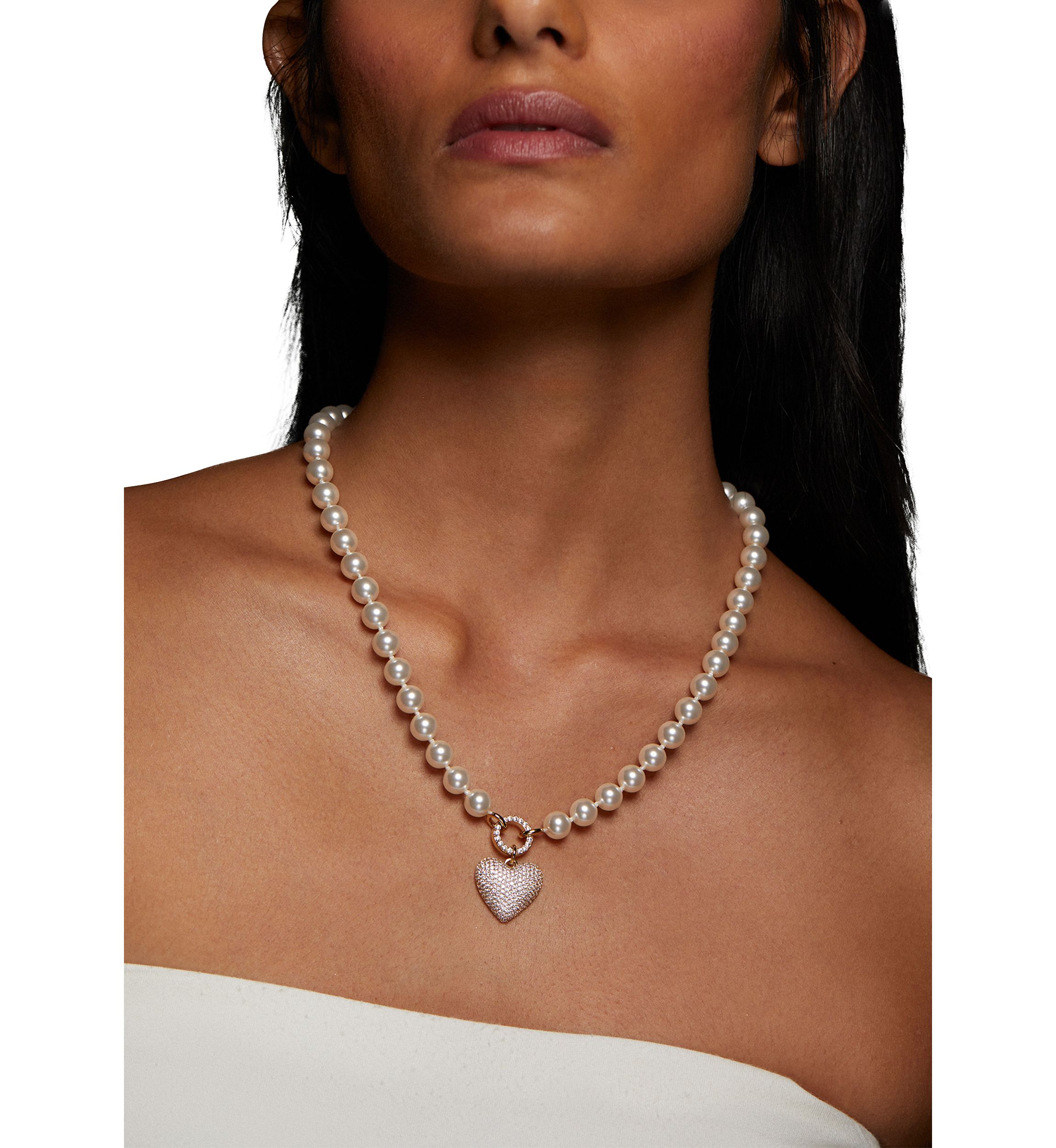 Lab-Grown White Beaded Heart Pendant Necklace