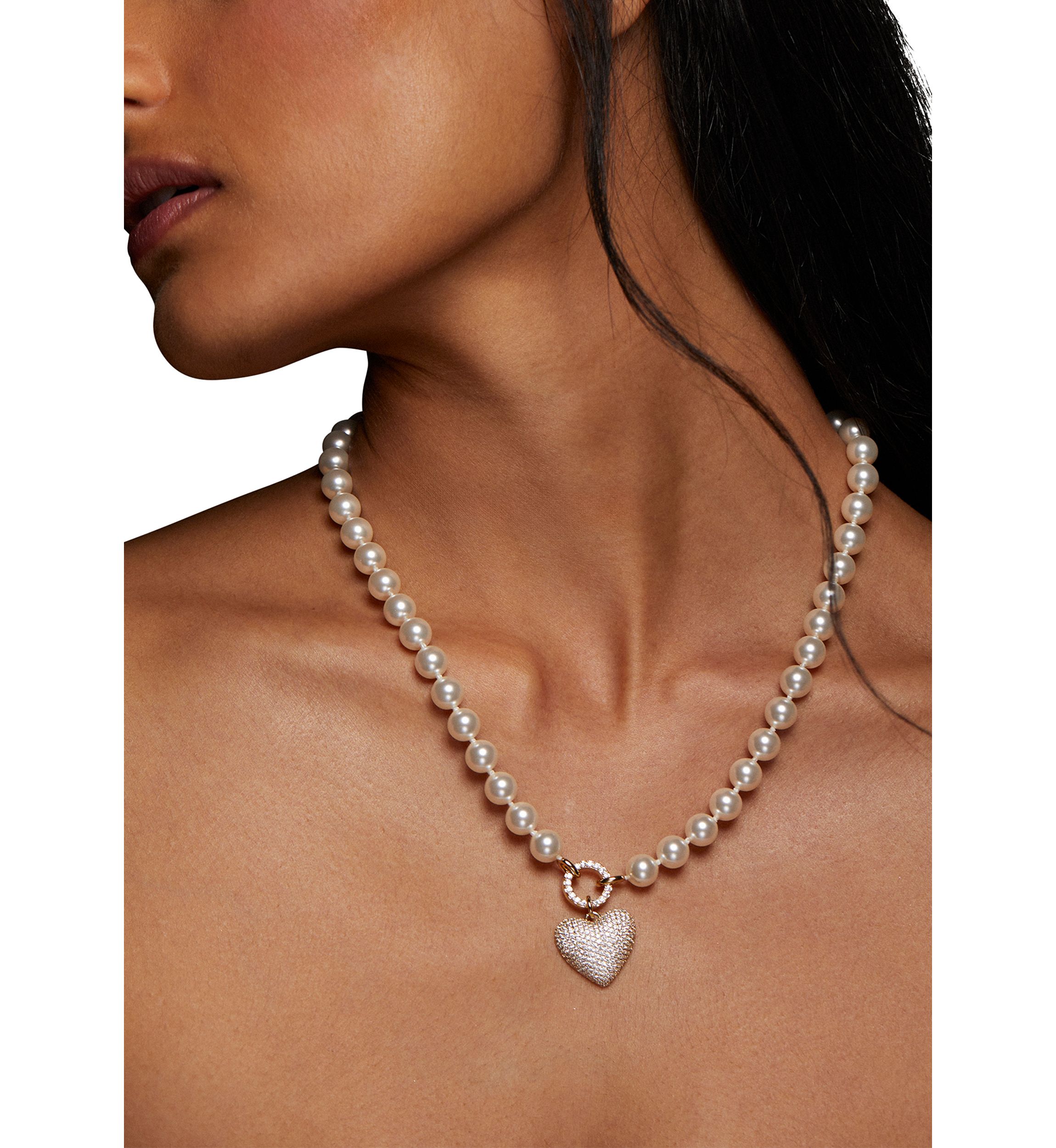 Lab-Grown White Beaded Heart Pendant Necklace