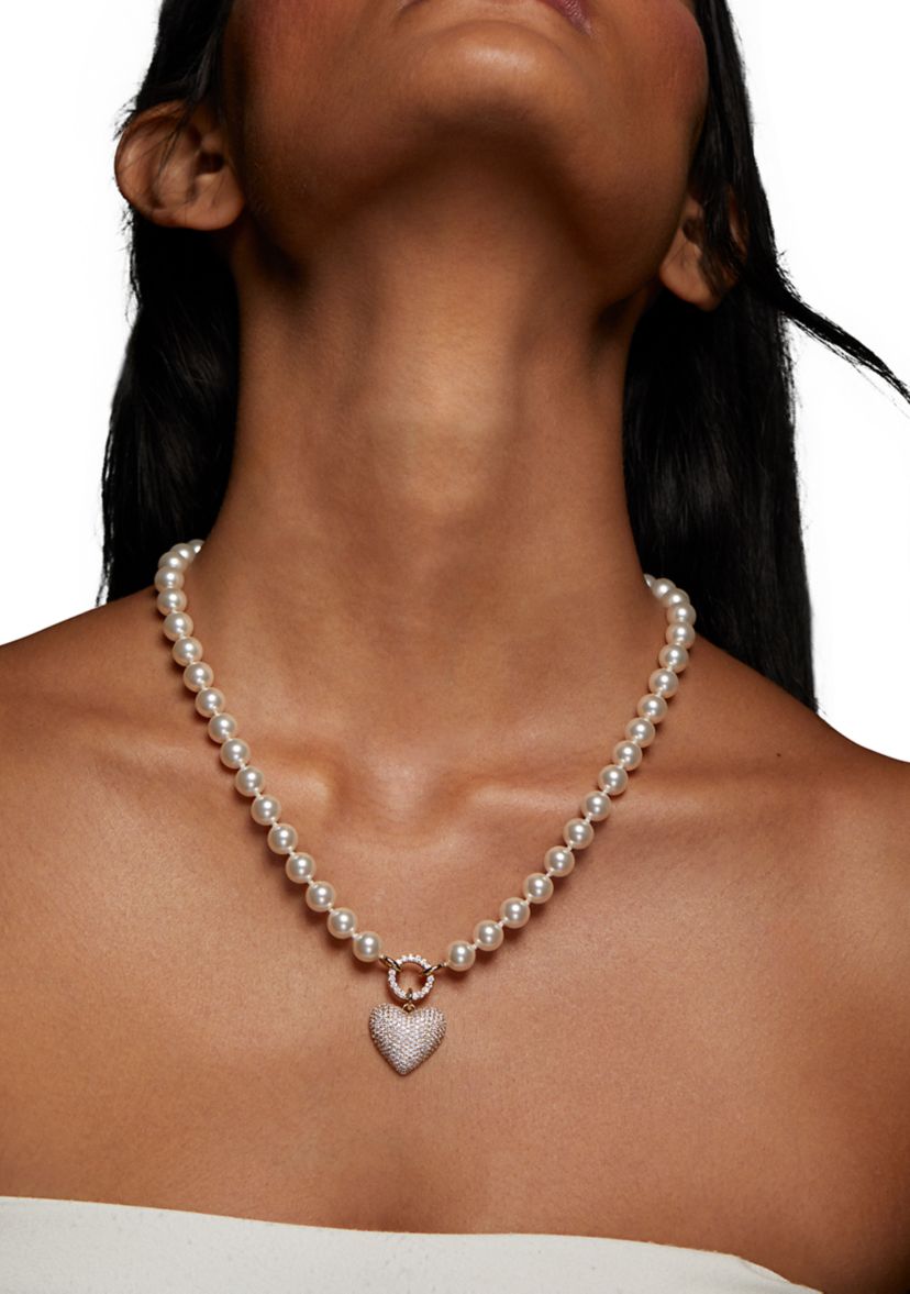 Lab-Grown White Beaded Heart Pendant Necklace
