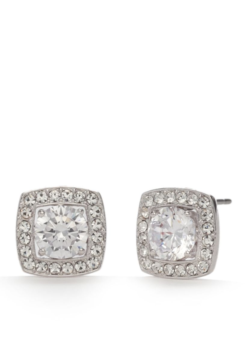 Silver-Tone Square Cubic Zirconia Stud Earrings