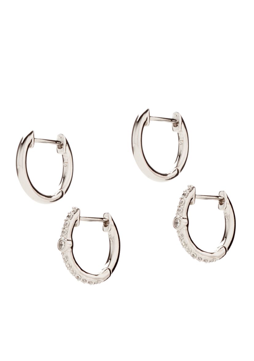 Set of 2 Silver-Tone Pave Huggie Earrings 