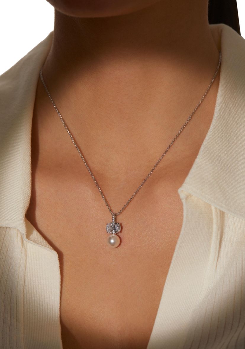 Lab Grown Natural Beauty Double Pearl Drop Pendant Necklace