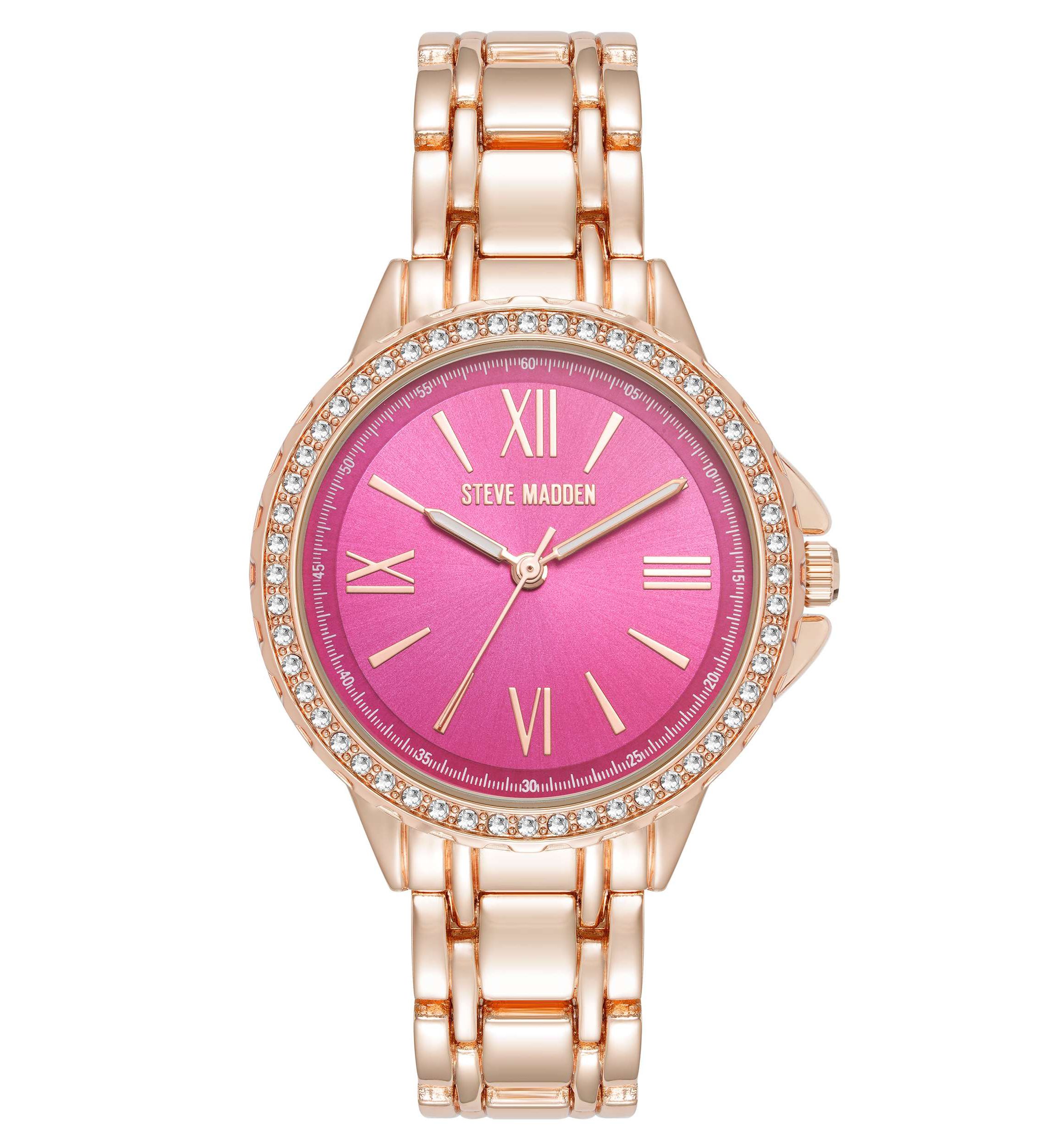 Steve Madden Womens Charming Hot Pink and Rose Gold-Tone Alloy Metal Bracelet Watch, 38mm