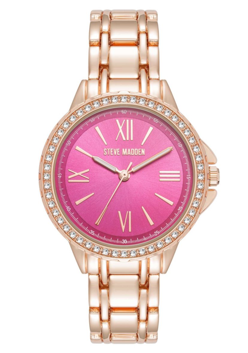 Steve Madden Womens Charming Hot Pink and Rose Gold-Tone Alloy Metal Bracelet Watch, 38mm