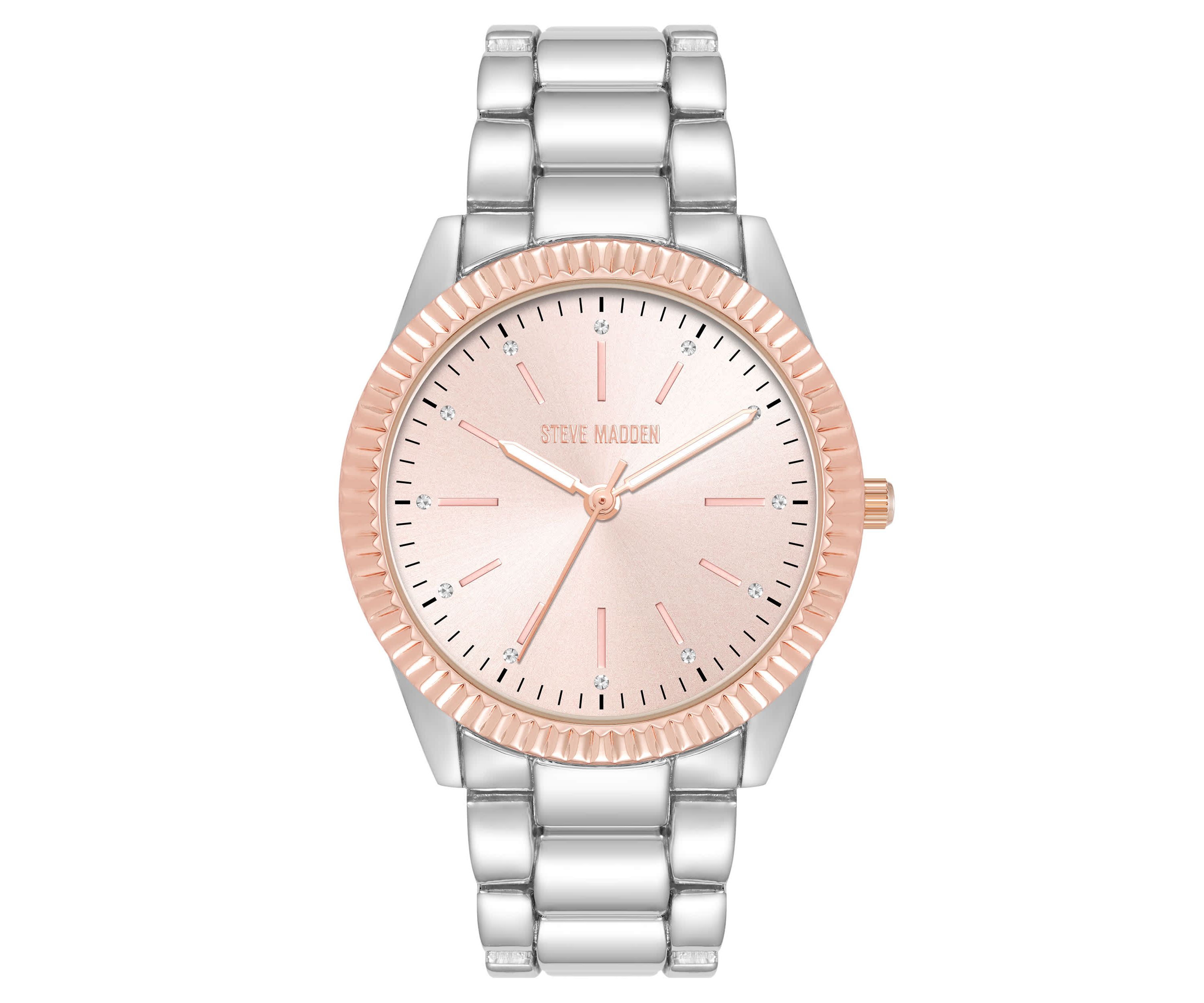 Steve Madden Womens Coin Edge Silver-Tone and Rose Gold-Tone Alloy Metal Bracelet Watch, 36mm
