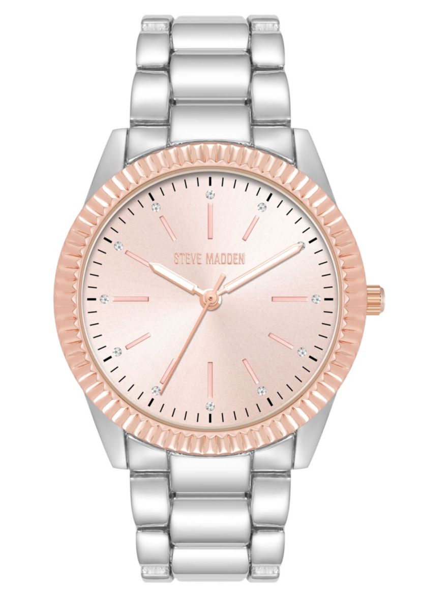 Steve Madden Womens Coin Edge Silver-Tone and Rose Gold-Tone Alloy Metal Bracelet Watch, 36mm