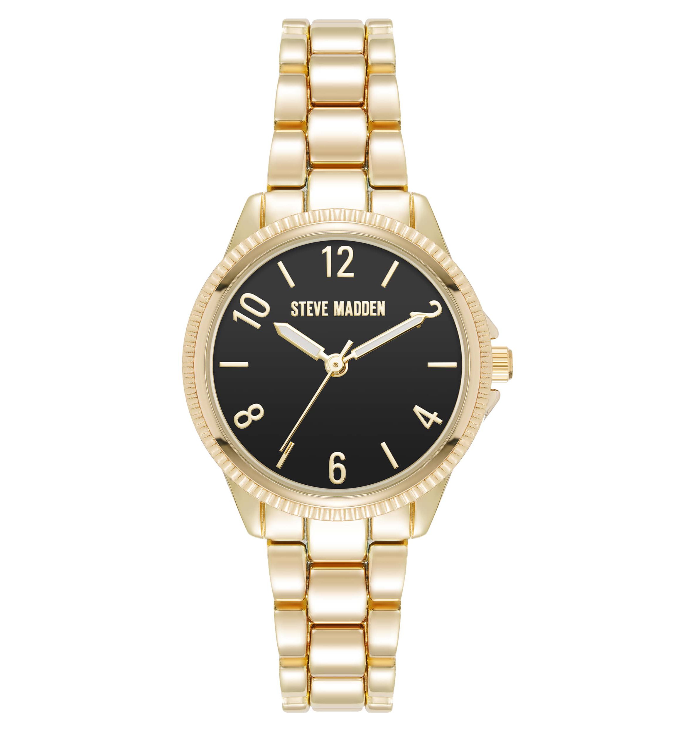 Steve Madden Womens Everyday Black and Gold-Tone Alloy Metal Bracelet Watch, 30mm