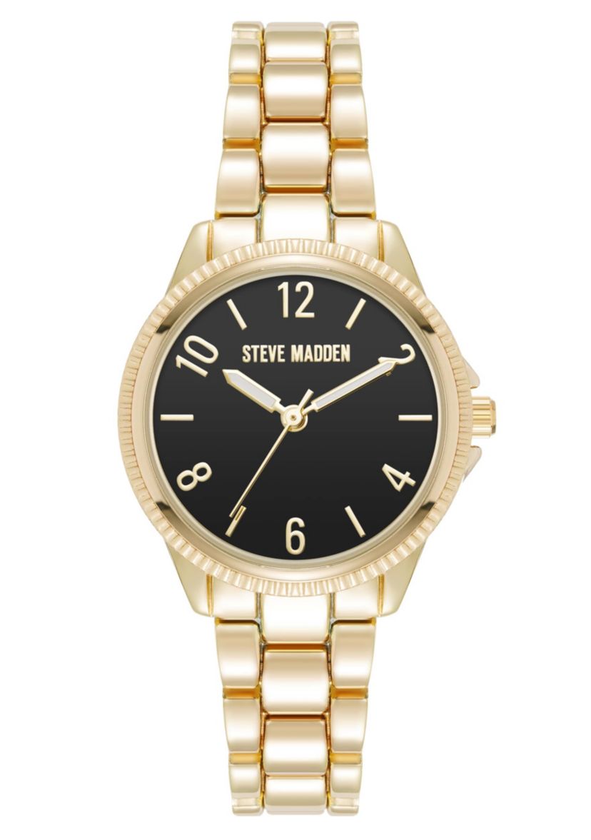 Steve Madden Womens Everyday Black and Gold-Tone Alloy Metal Bracelet Watch, 30mm