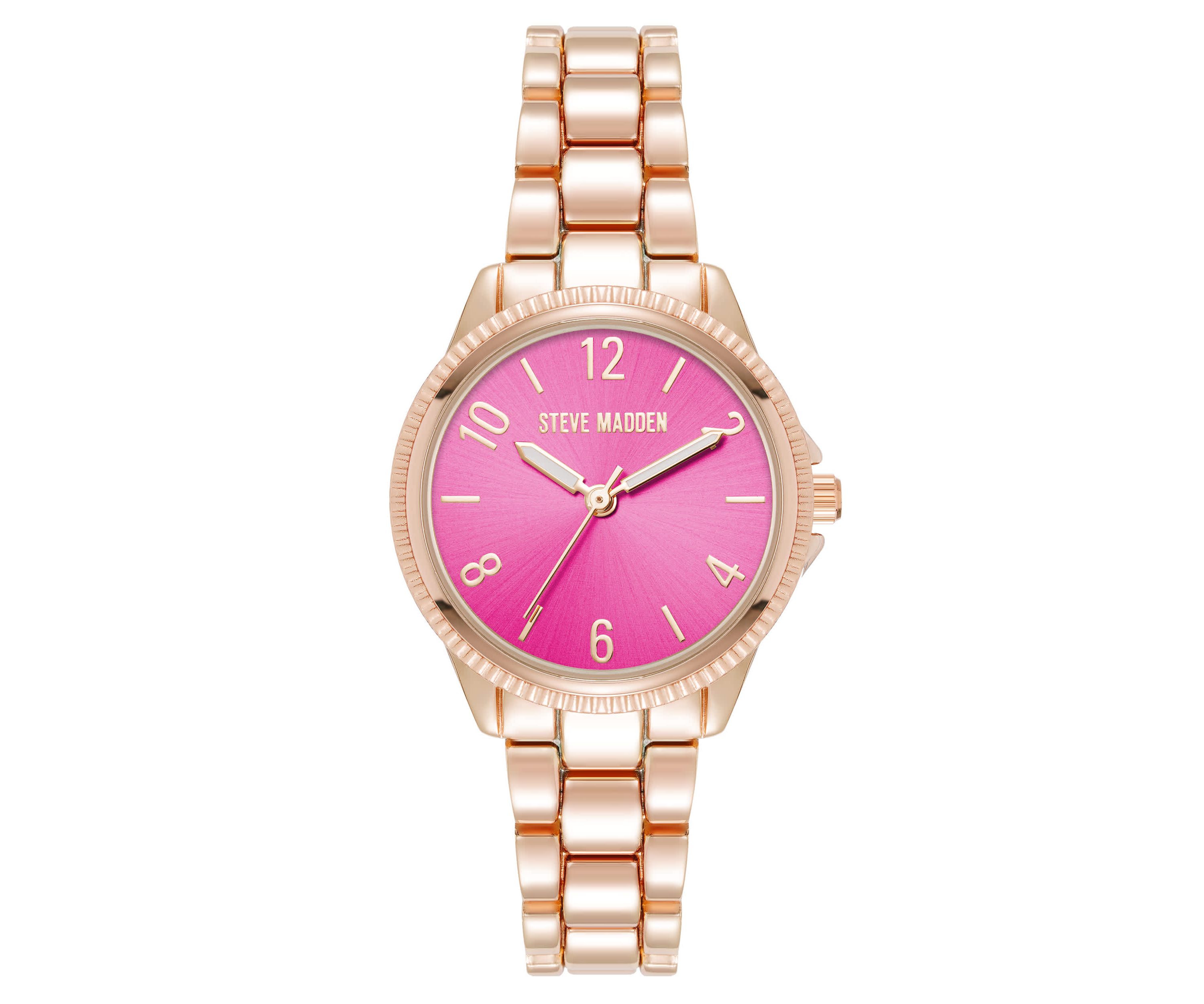 Steve Madden Womens Everyday Hot Pink and Rose Gold-Tone Alloy Metal Bracelet Watch, 30mm