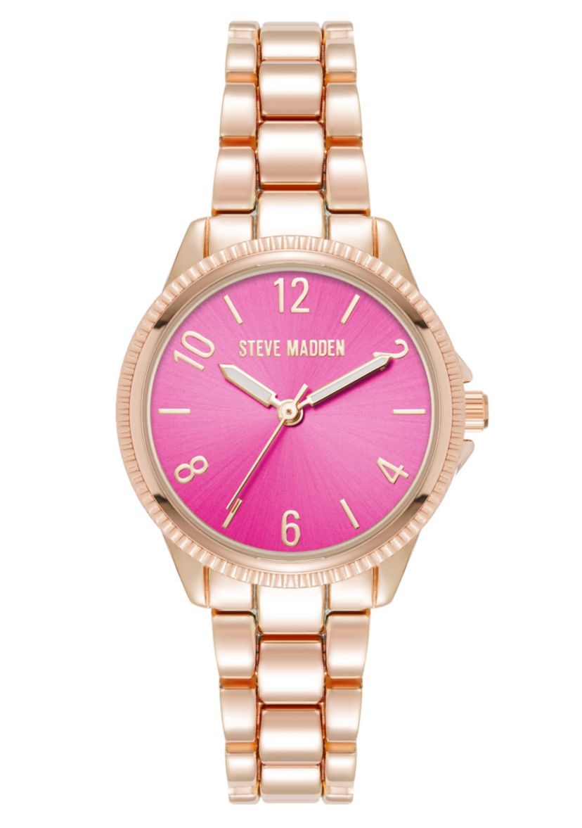 Steve Madden Womens Everyday Hot Pink and Rose Gold-Tone Alloy Metal Bracelet Watch, 30mm