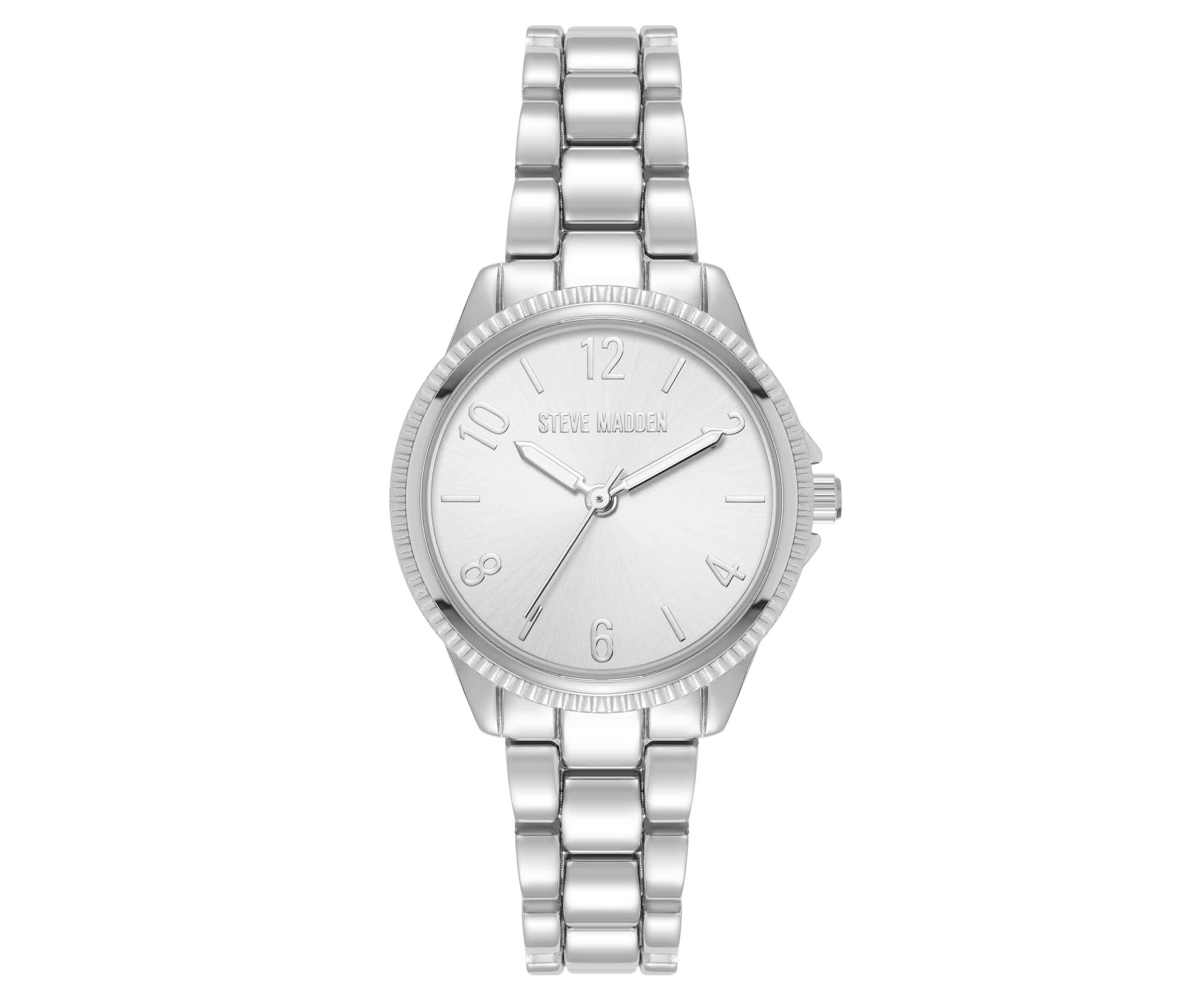 Steve Madden Womens Everyday Silver-Tone Alloy Metal Bracelet Watch, 30mm