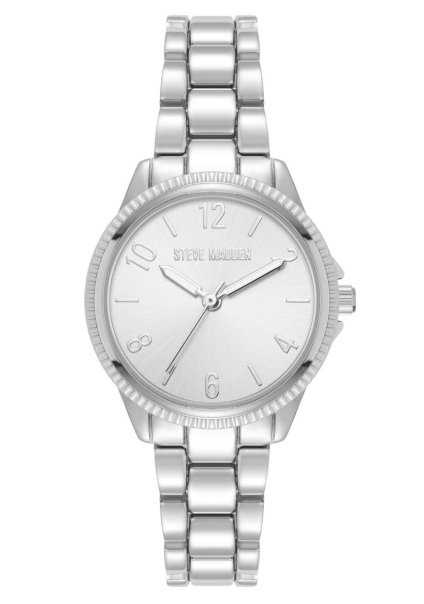 Steve Madden Womens Everyday Silver-Tone Alloy Metal Bracelet Watch, 30mm