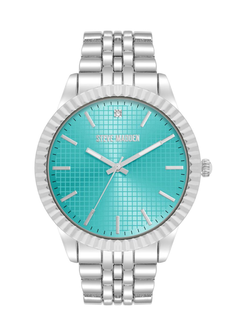 Steve Madden Mens Coin Edge Turquoise and Silver-Tone Alloy Metal Watch, 44mm