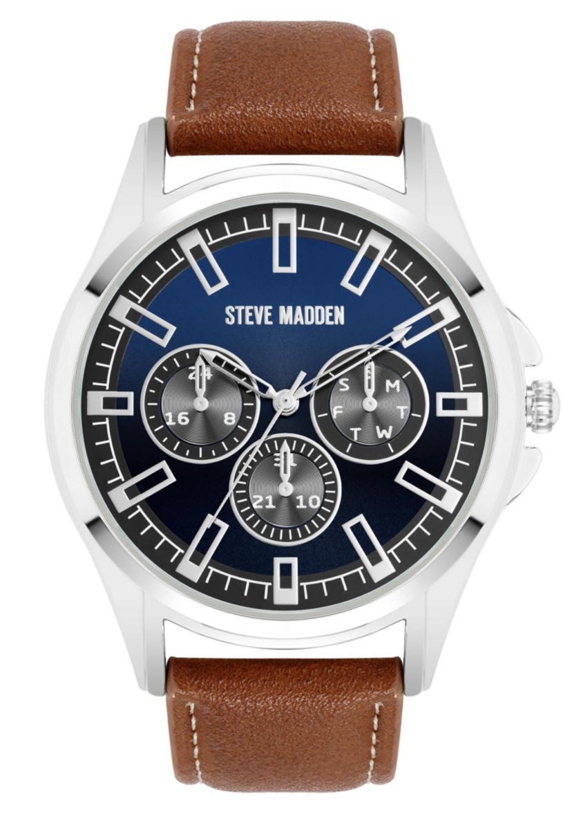 Steve Madden Mens Signature Blue and Brown Faux Leather Silver-Tone Alloy Metal Watch, 45mm