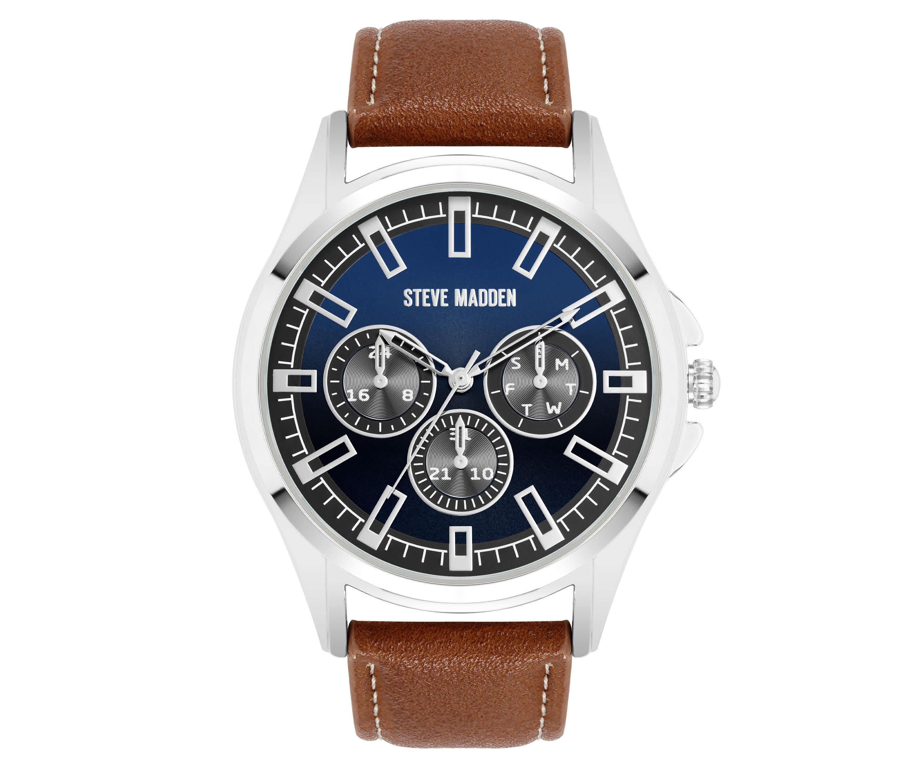 Steve Madden Mens Signature Blue and Brown Faux Leather Silver-Tone Alloy Metal Watch, 45mm