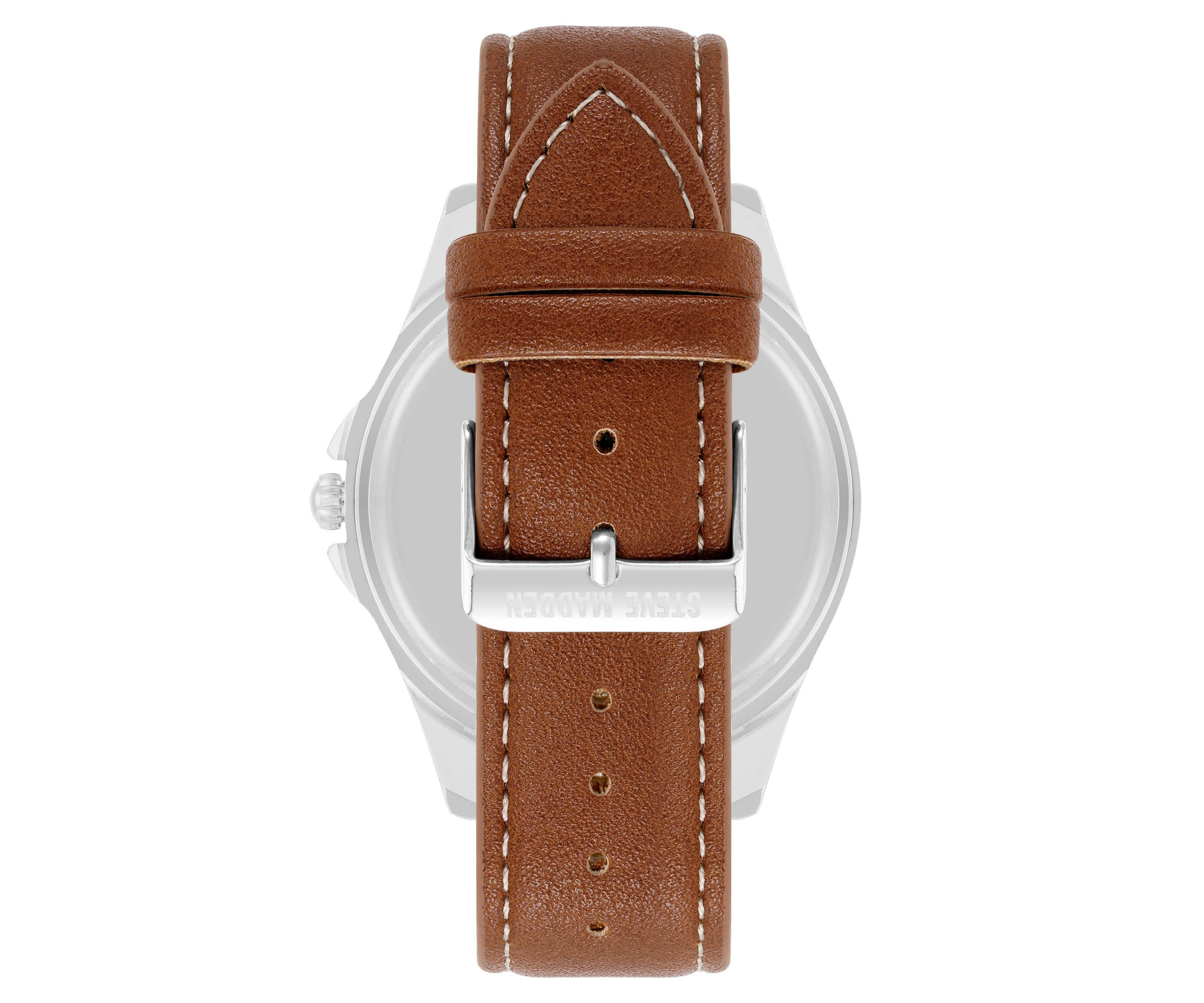 Steve Madden Mens Signature Blue and Brown Faux Leather Silver-Tone Alloy Metal Watch, 45mm