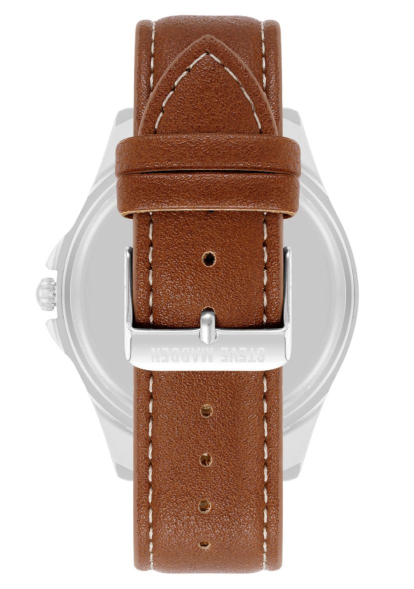 Steve Madden Mens Signature Blue and Brown Faux Leather Silver-Tone Alloy Metal Watch, 45mm