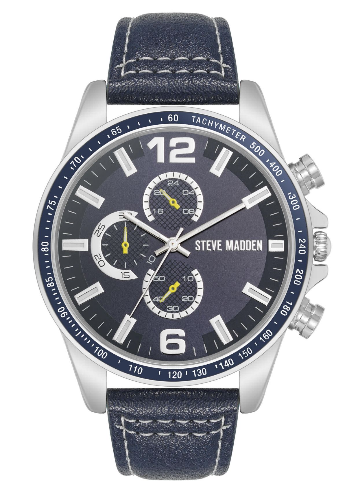 Steve Madden Mens Modern Navy Faux Leather and Silver-Tone Alloy Metal Watch, 45mm