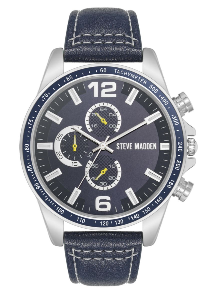 Steve Madden Mens Modern Navy Faux Leather and Silver-Tone Alloy Metal Watch, 45mm