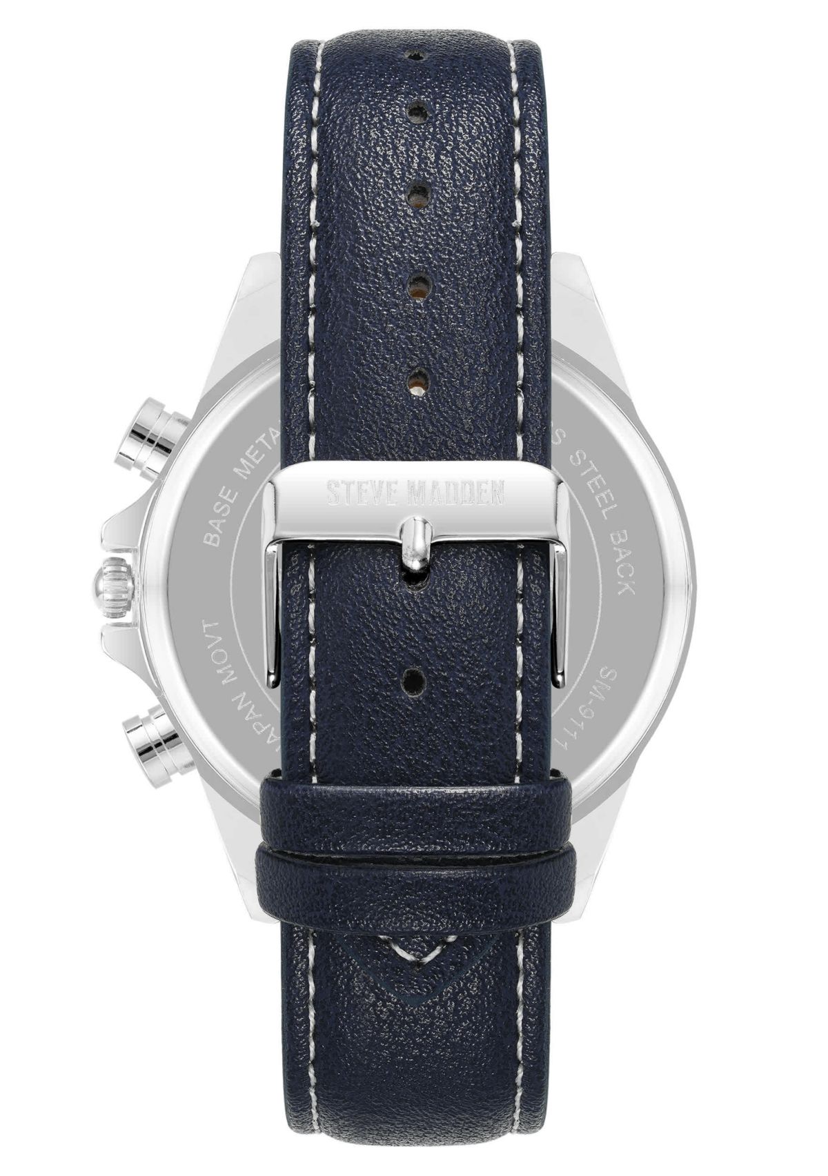 Steve Madden Mens Modern Navy Faux Leather and Silver-Tone Alloy Metal Watch, 45mm