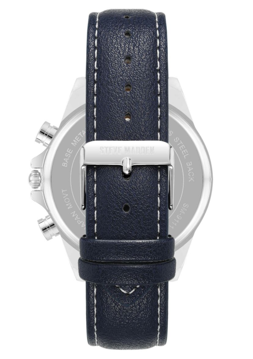 Steve Madden Mens Modern Navy Faux Leather and Silver-Tone Alloy Metal Watch, 45mm