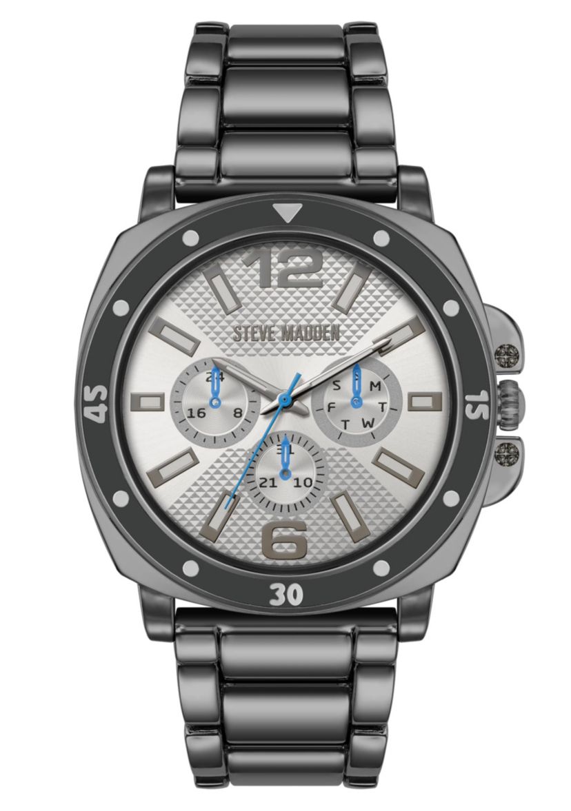 Steve Madden Mens Polished Black Alloy Metal Watch, 45mm