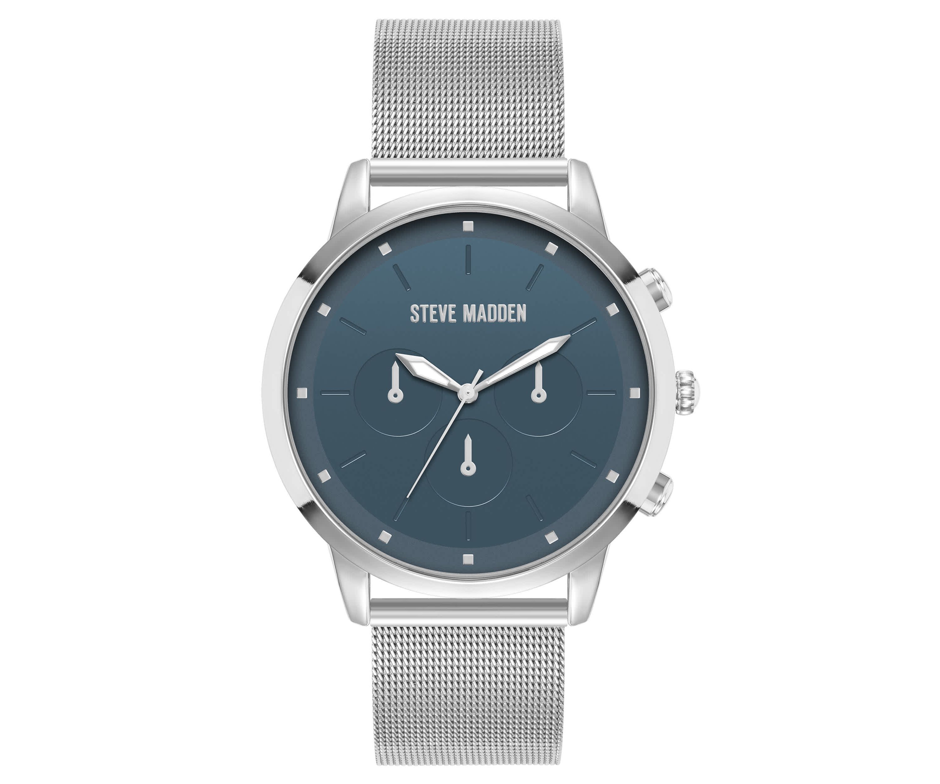 Steve Madden Mens Minimalist Blue and Silver-Tone Stainless Steel Mesh Watch, 45mm