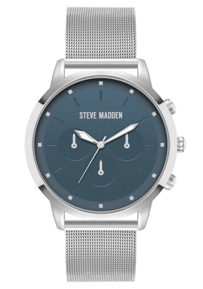 Steve Madden Mens Minimalist Blue and Silver-Tone Stainless Steel Mesh Watch, 45mm