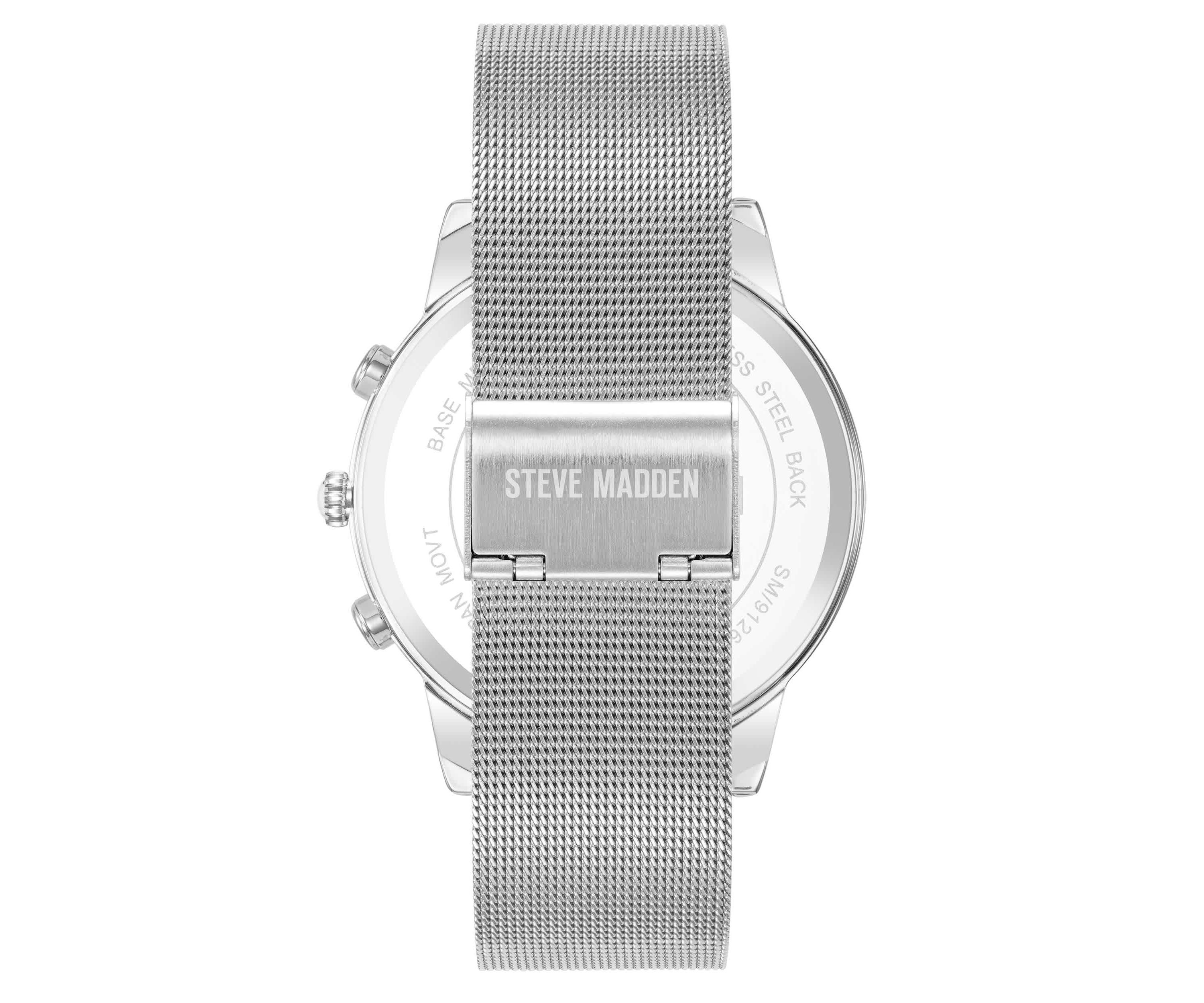 Steve Madden Mens Minimalist Blue and Silver-Tone Stainless Steel Mesh Watch, 45mm