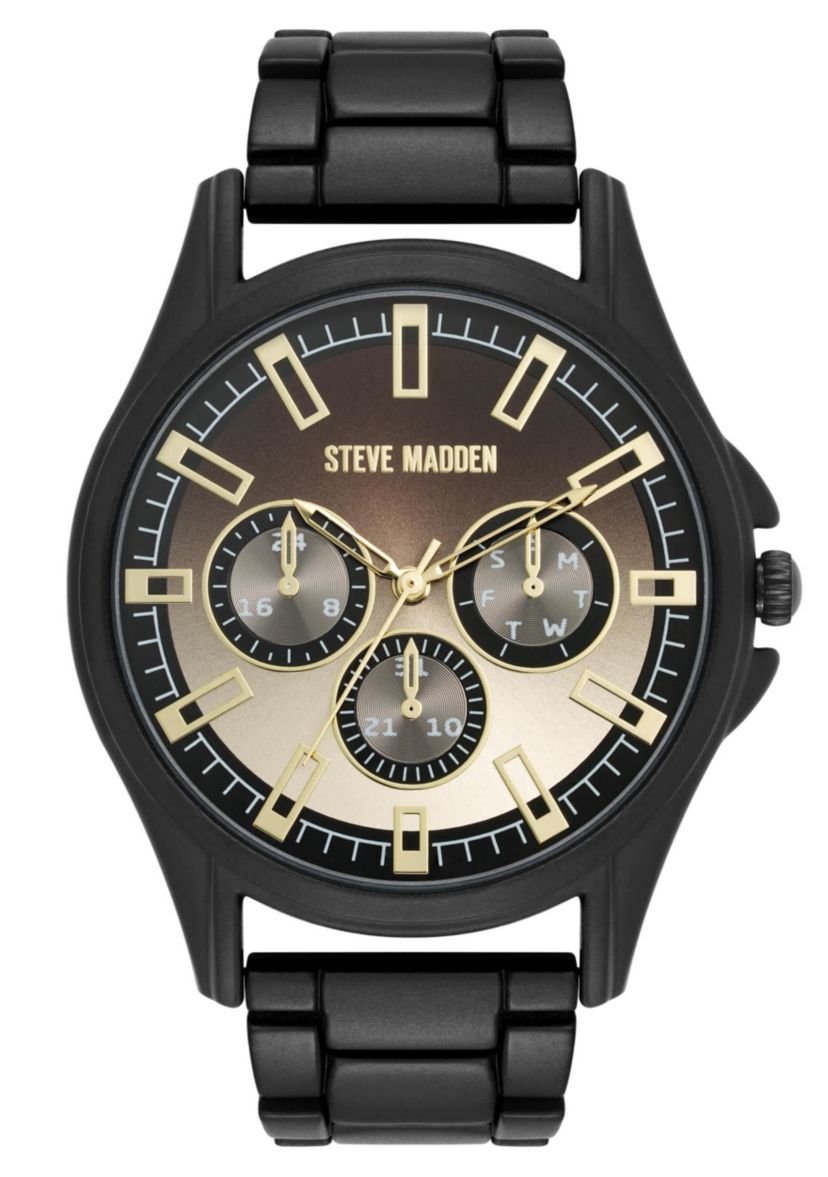 Steve Madden Mens Detailed Champagne and Black Alloy Metal Watch, 45mm