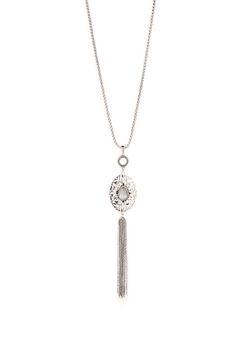 Long Silver-Tone Oval Pendant Tassel Necklace