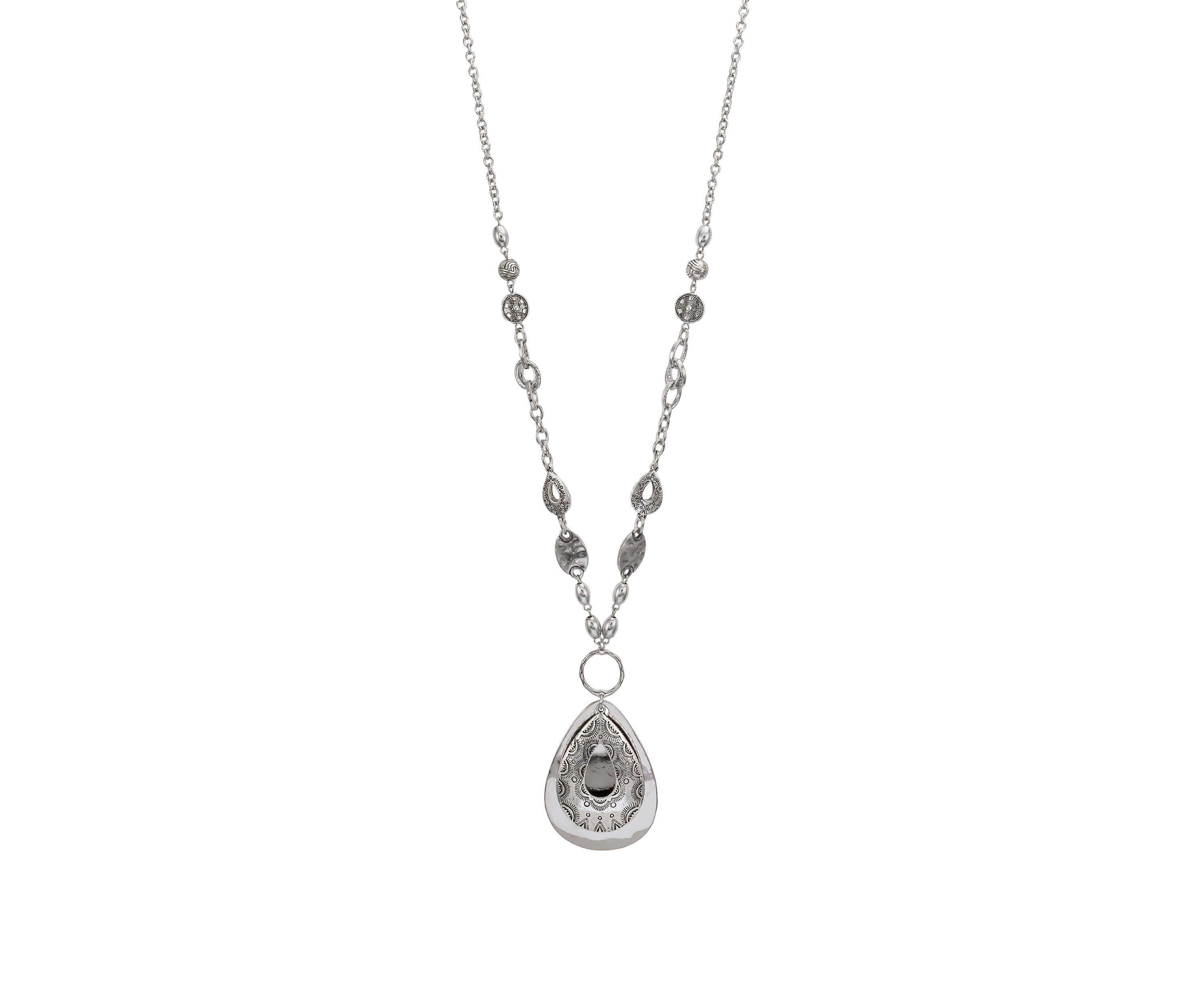Silver Long Filigree Teardrop Pendant Necklace