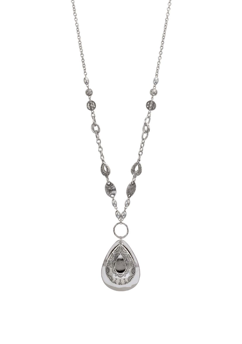 Silver Long Filigree Teardrop Pendant Necklace