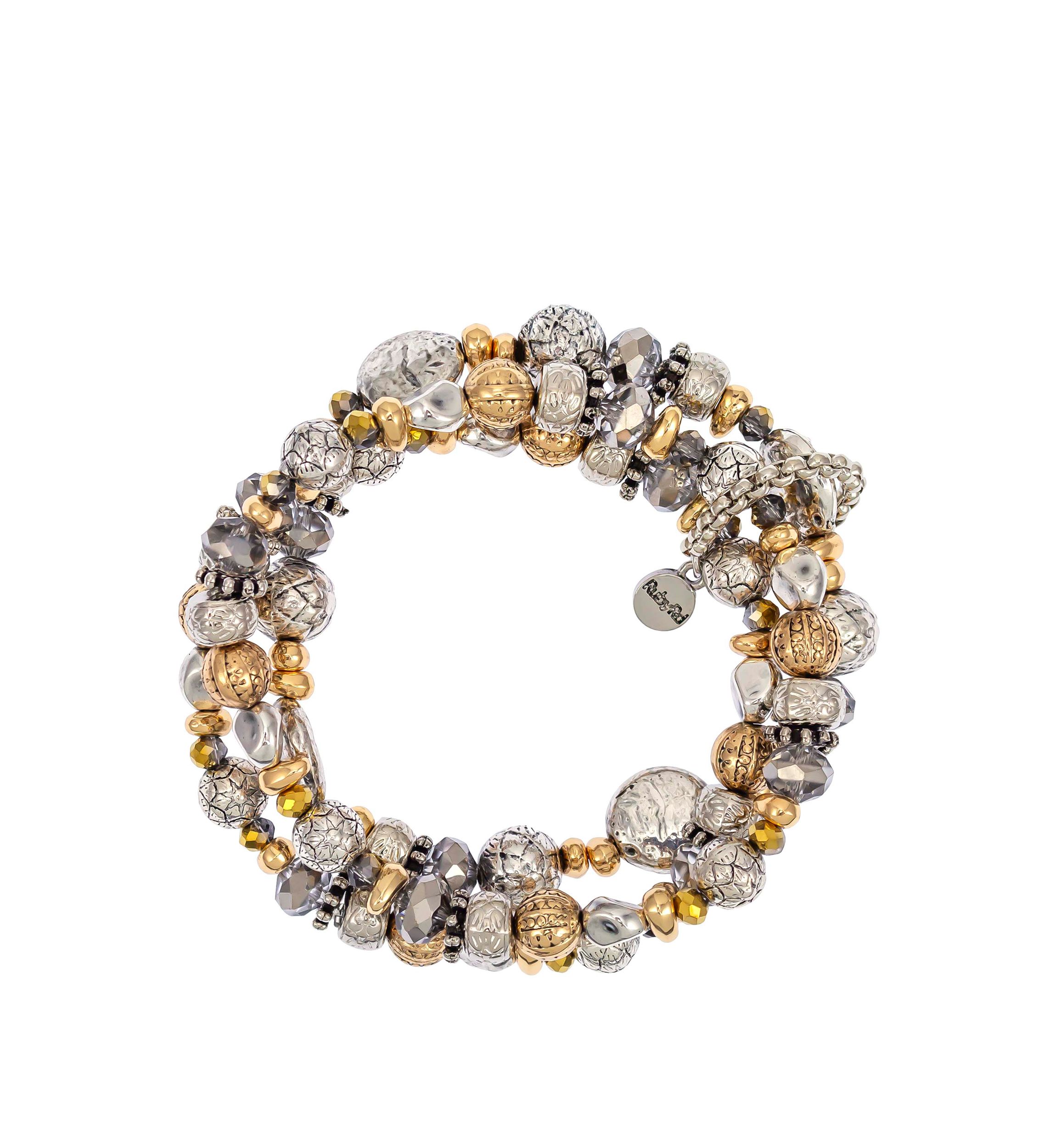Two Tone 3 Row Beaded Stretch Bracelet