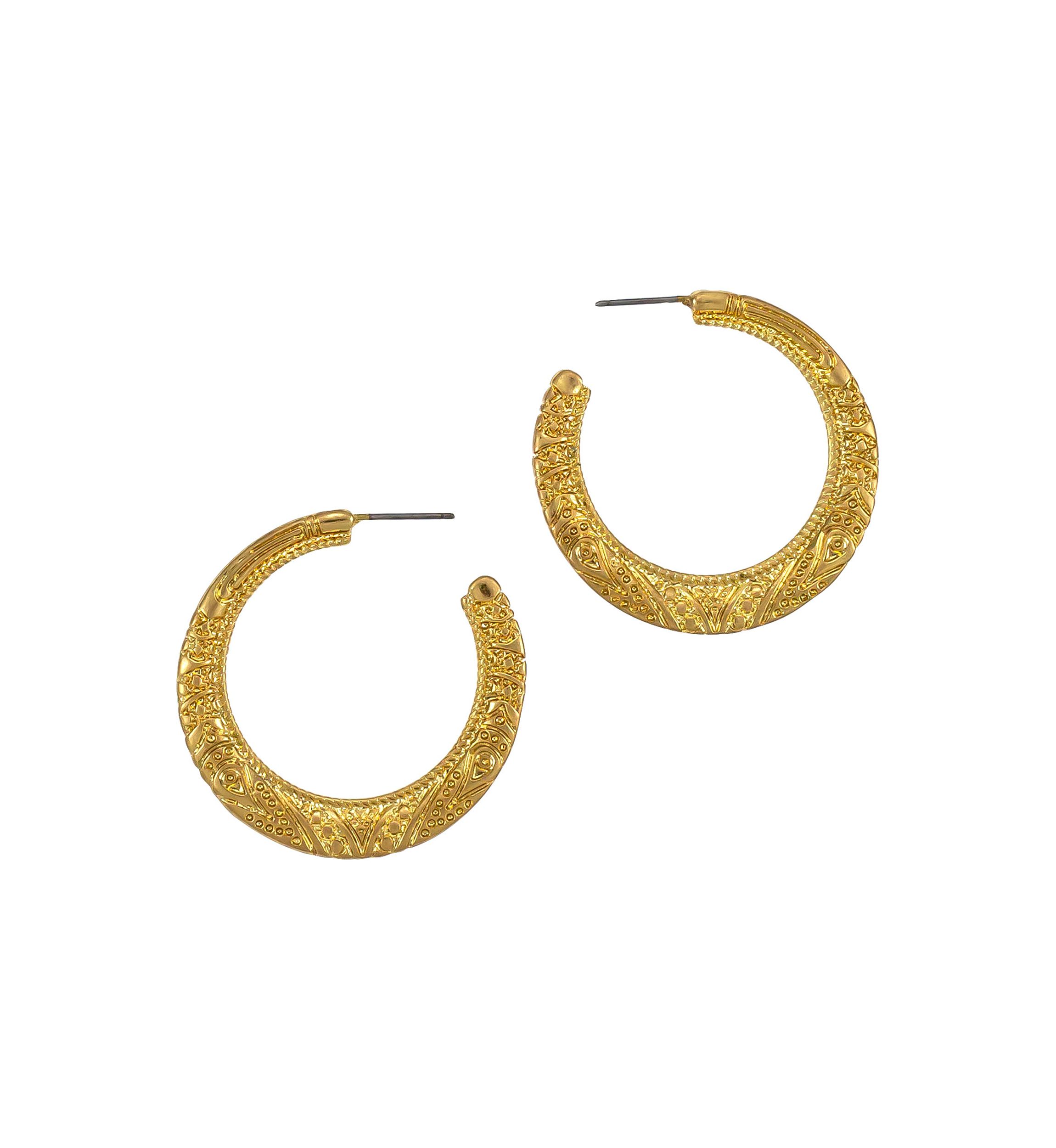  Gold Tone Etched Post Hoop Earrings