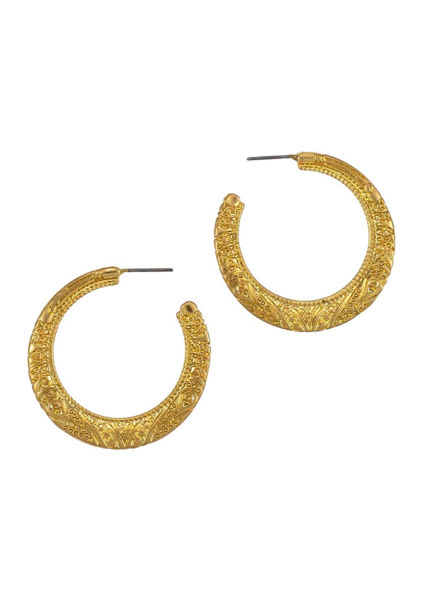  Gold Tone Etched Post Hoop Earrings