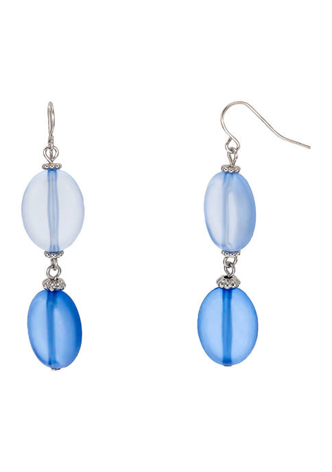 Silver Tone Tonal Blue Bead Double Drop Earrings on Fish Hook