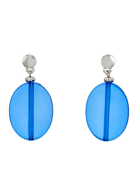 Silver Tone Post Top with Blue Bead Drop Earrings