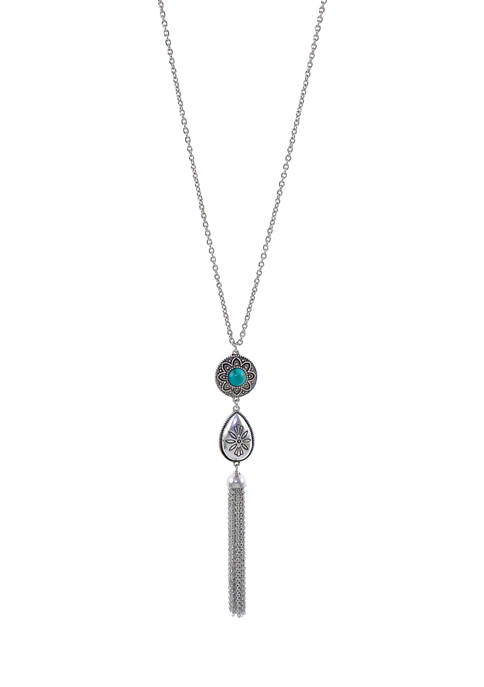 Silver Tone Long Necklace with Double Drop Pendant and Turquoise Stone Accent