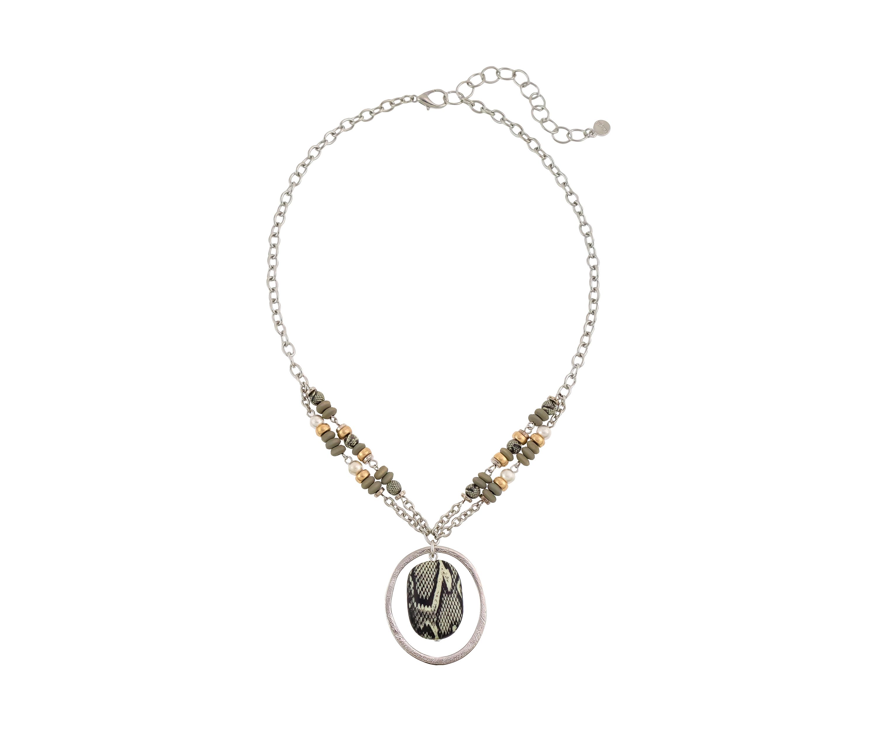 Tri Tone Short Orbital Snake Printed Beaded Pendant Necklace