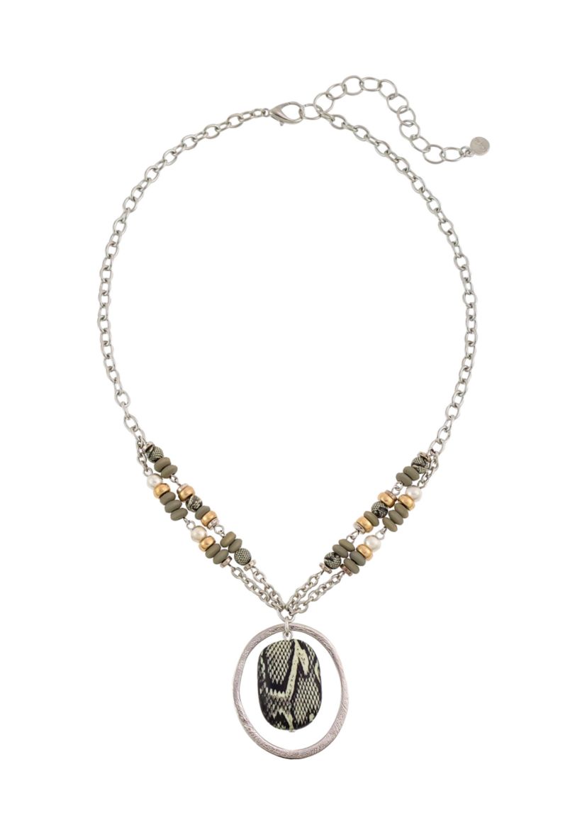 Tri Tone Short Orbital Snake Printed Beaded Pendant Necklace
