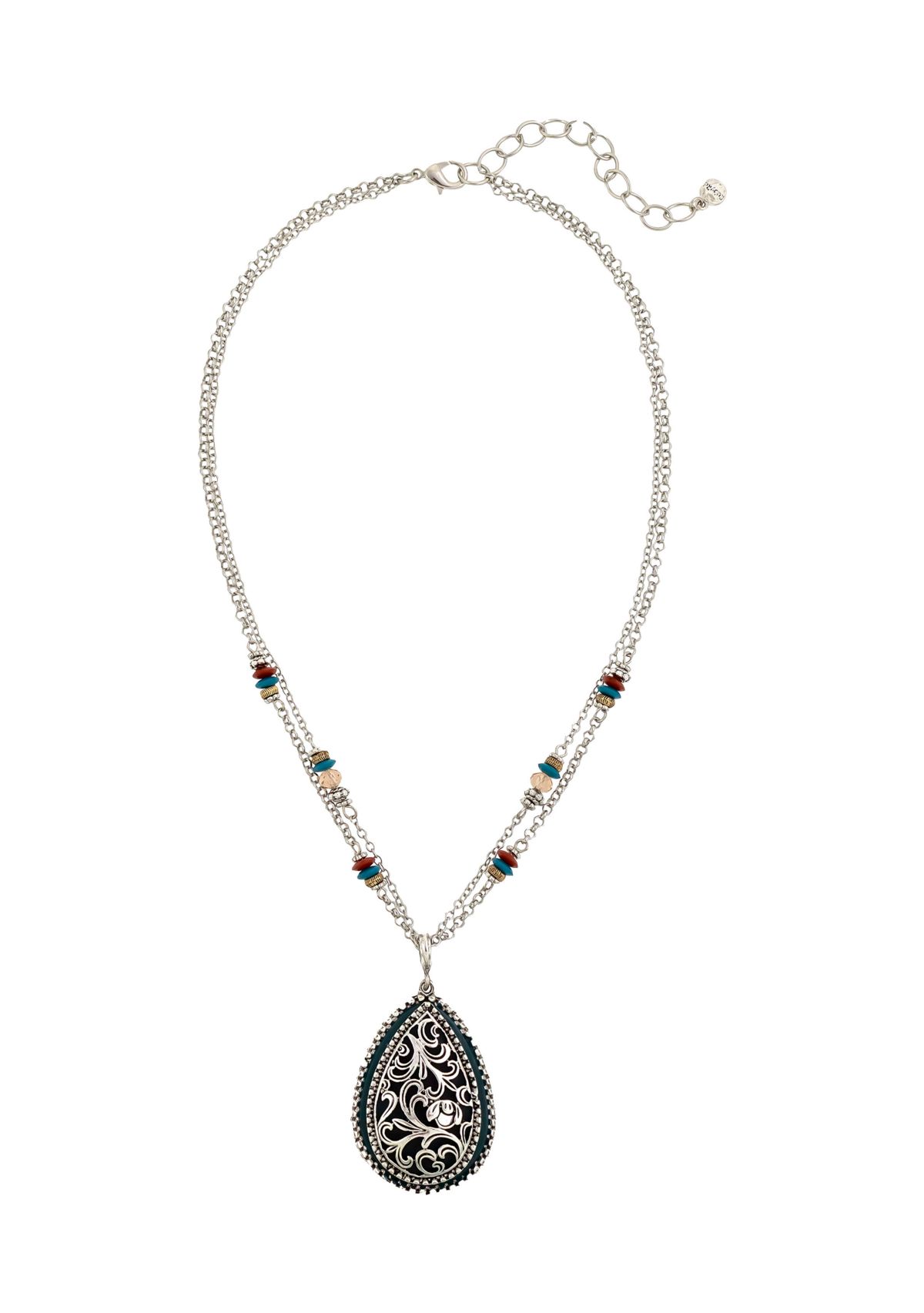 Silver-Tone 18" Multi Row Bead Accented Chain Necklace with Teal Teardrop Pendant 