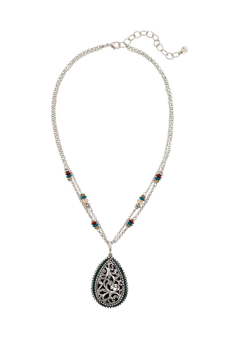 Silver-Tone 18" Multi Row Bead Accented Chain Necklace with Teal Teardrop Pendant 