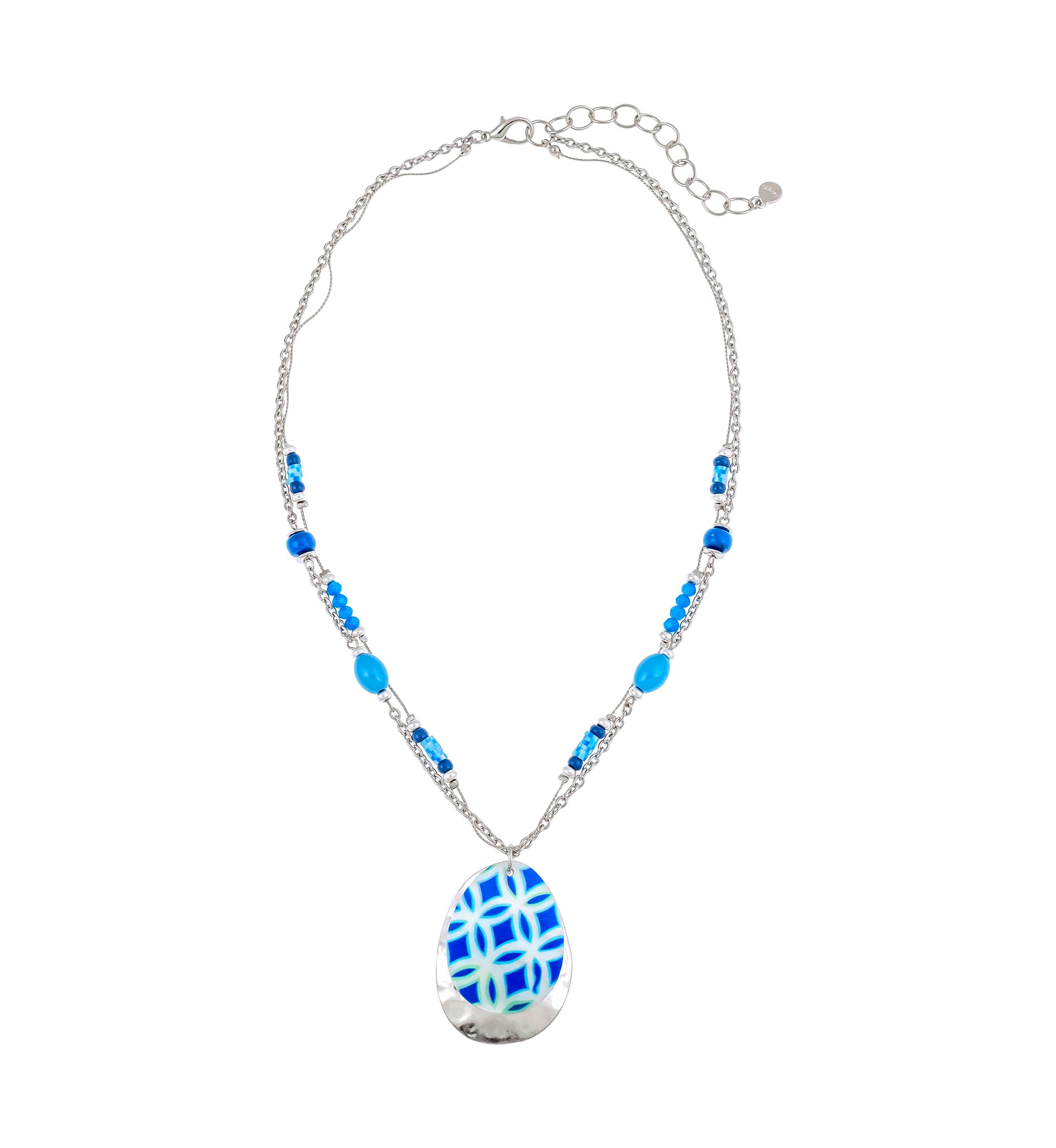 	  Silver Tone 20 Inch Multi Blue Shell Overlay Pendant Necklace on 3-Row Bead Accented Chain 