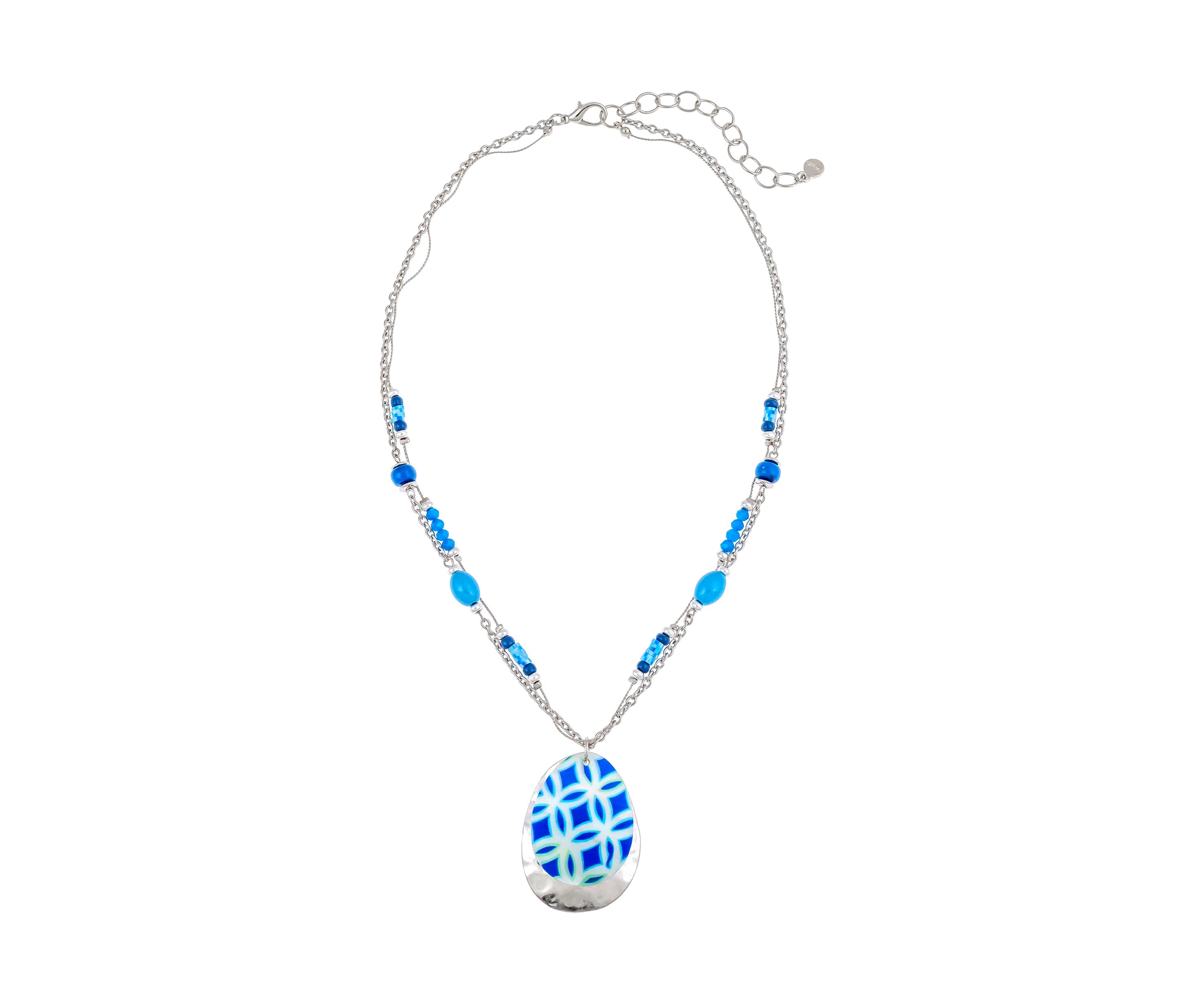 	  Silver Tone 20 Inch Multi Blue Shell Overlay Pendant Necklace on 3-Row Bead Accented Chain 