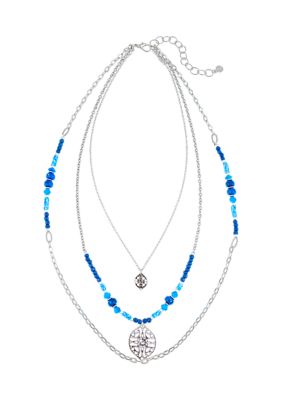 Ruby Rd Silver Tone 18 Inch 3 Row Layered Necklace With Blue Multi Beads And Filigree Drops