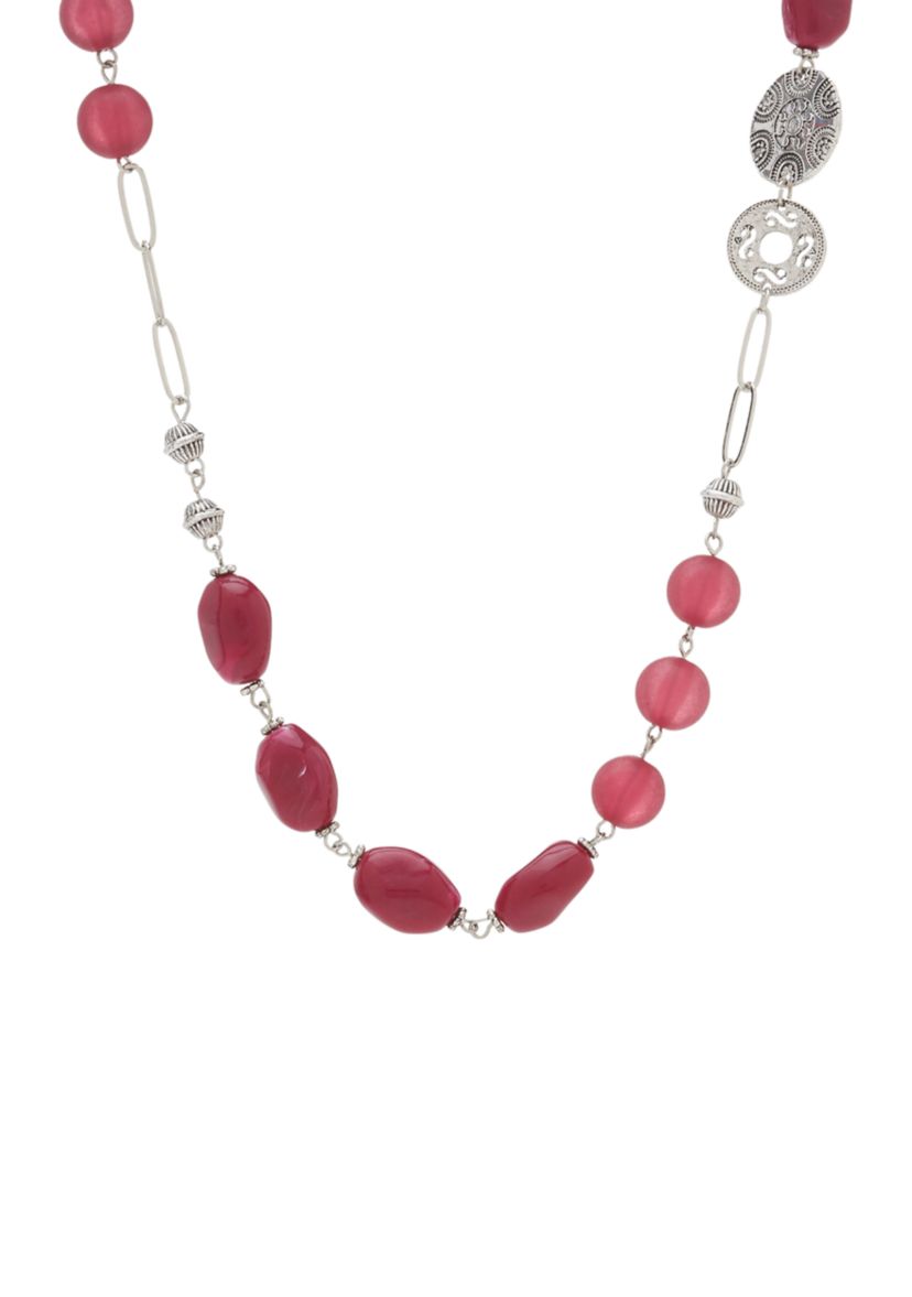 Silver Tone 35" + 3" Extender Long Berry Bead and Textured Disc Necklace 