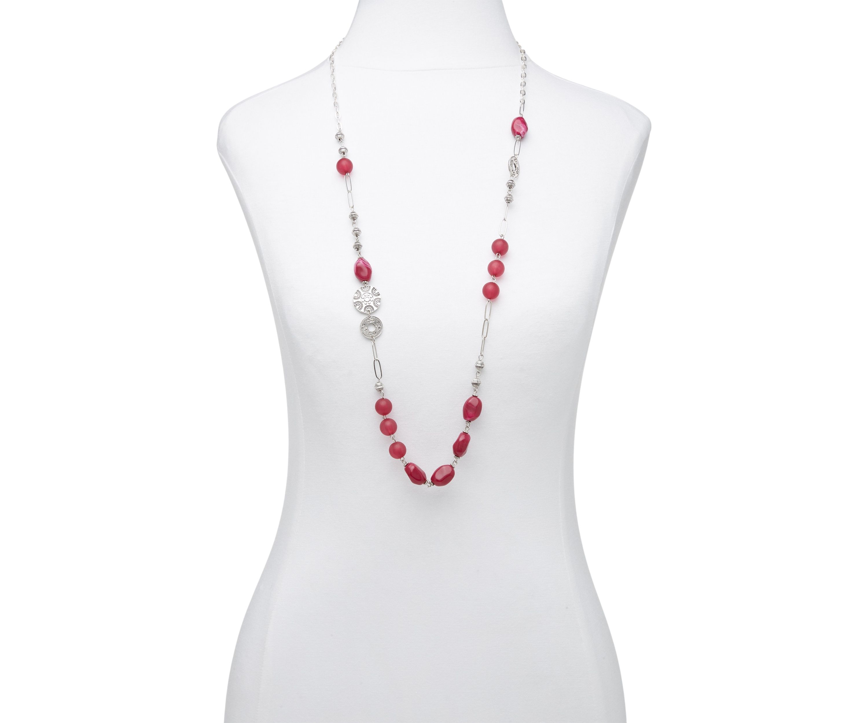 Silver Tone 35" + 3" Extender Long Berry Bead and Textured Disc Necklace 